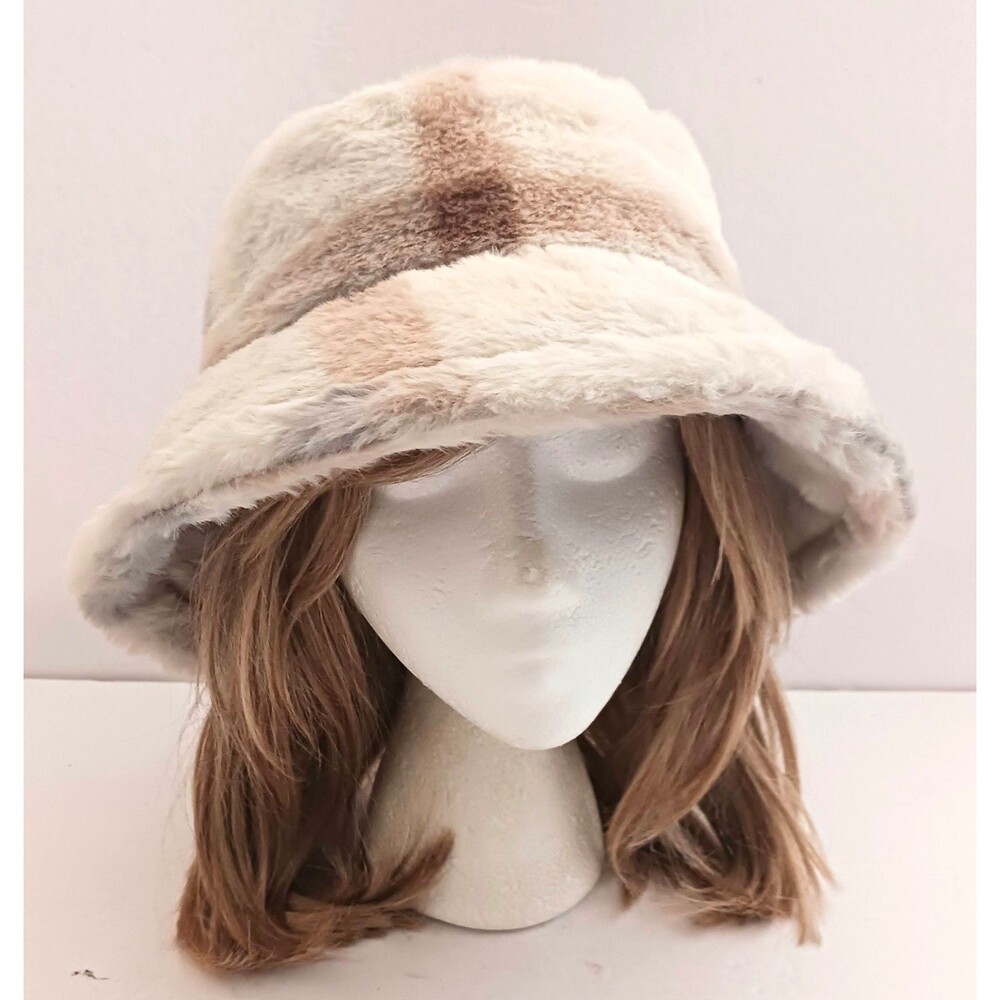 NEW Faux Fur Bucket Hat Light Gray Tan Cream Patchwork O/S - Picture 9 of 9